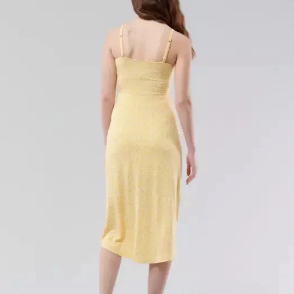 Hollister Yellow Cinched Floral Side Slit Midi Sun Dress Summer Spring Size XS - Picture 3 of 15